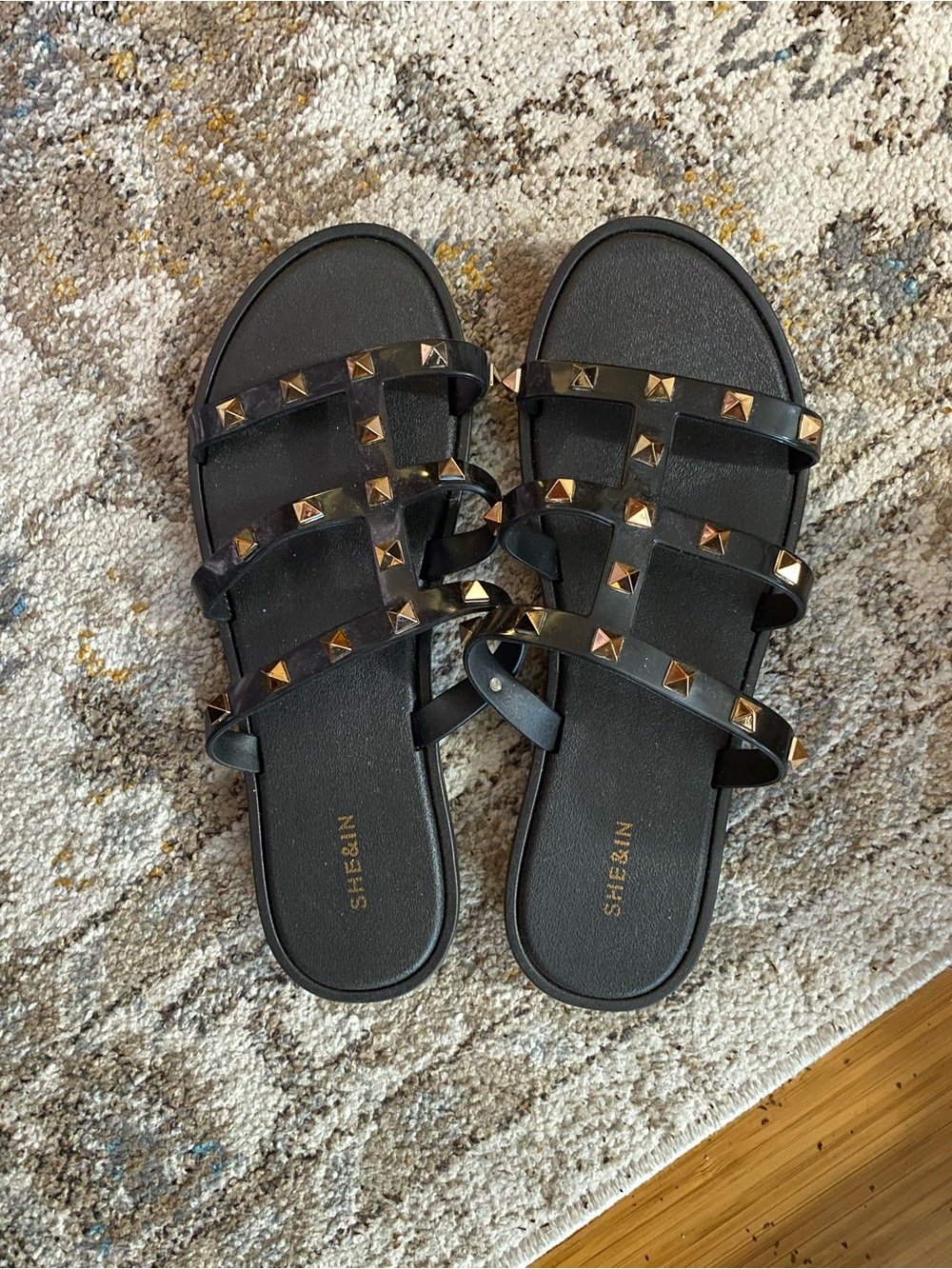 NWOT Edgy Black Gold Studded Strappy Jelly Slide Sandals Women’s 40 US 8.5/9